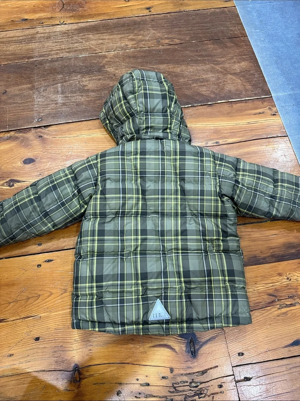 L.L. Bean Green Plaid Kids Hooded Puffer with Lime Accents Size 4T